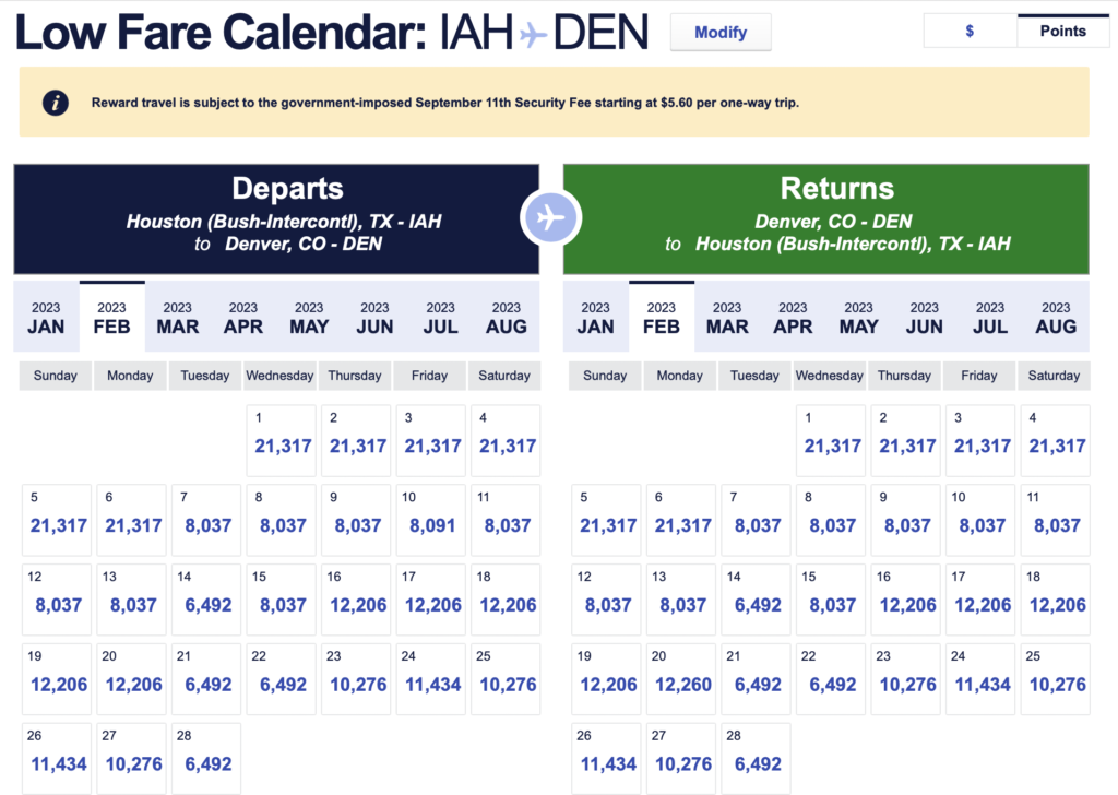 Screenshot of 30 day low fare Southwest calendar