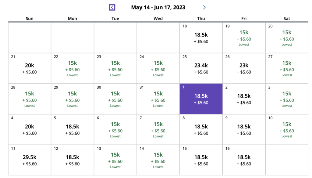 Screenshot of United Airlines award availability