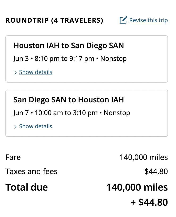 Screenshot United price for 4 tickets to San Diego