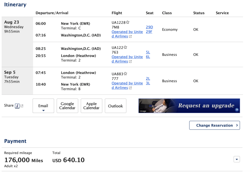 Screenshot of reservation to London and price