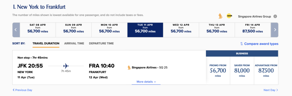 Screenshot of Singapore award flights