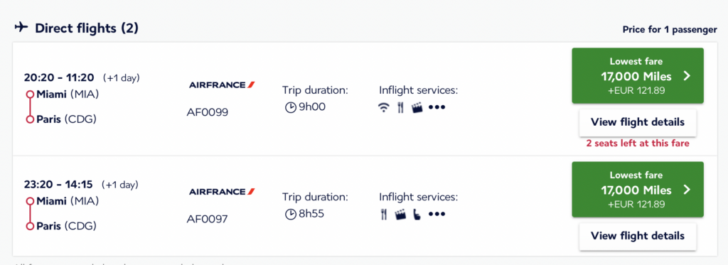 Screenshot of Air France flights from Miami to Paris