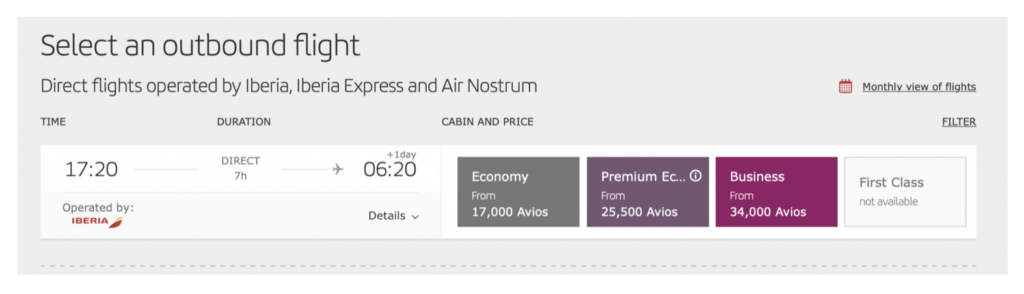 Screenshot Boston - Madrid on Iberia Airlines award costs