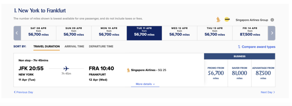 screenshot Singapore Airlines rewards flights