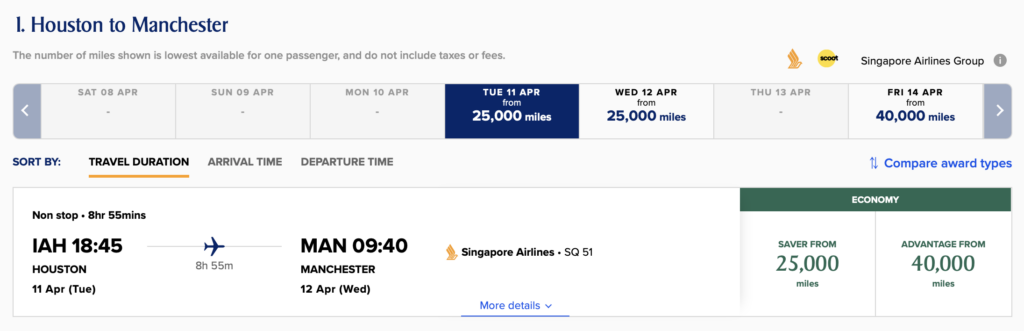 Screenshot of Singapore award flight to Manchester, England