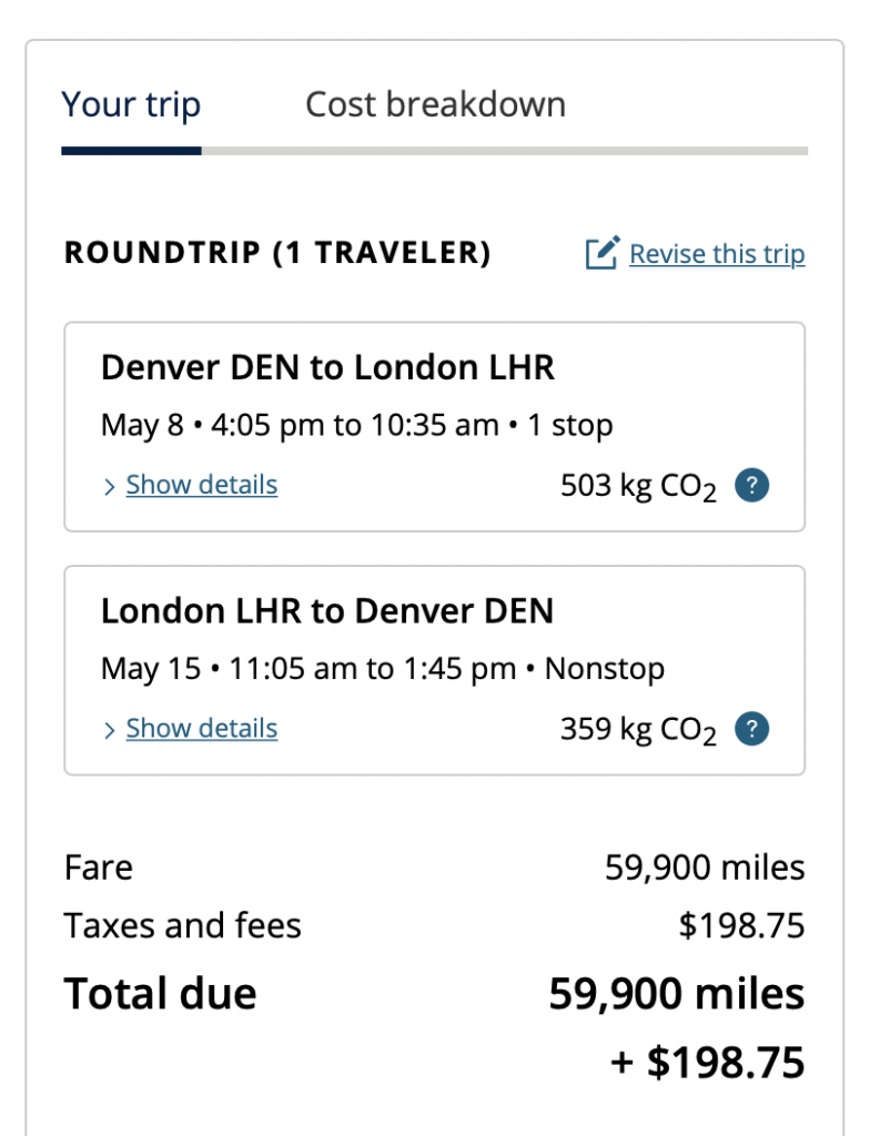 Screenshot of flight Denver -London on United Airlines