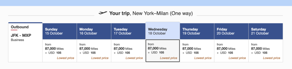Screenshot of cost in miles JFK-Milan