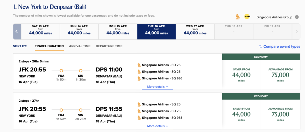 Screenshot Singapore Airlines flights to Bali