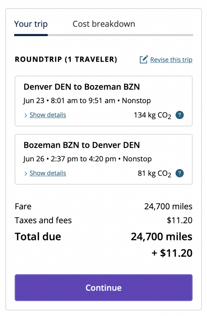 screenshot of flights from Denver to Bozeman, Montana