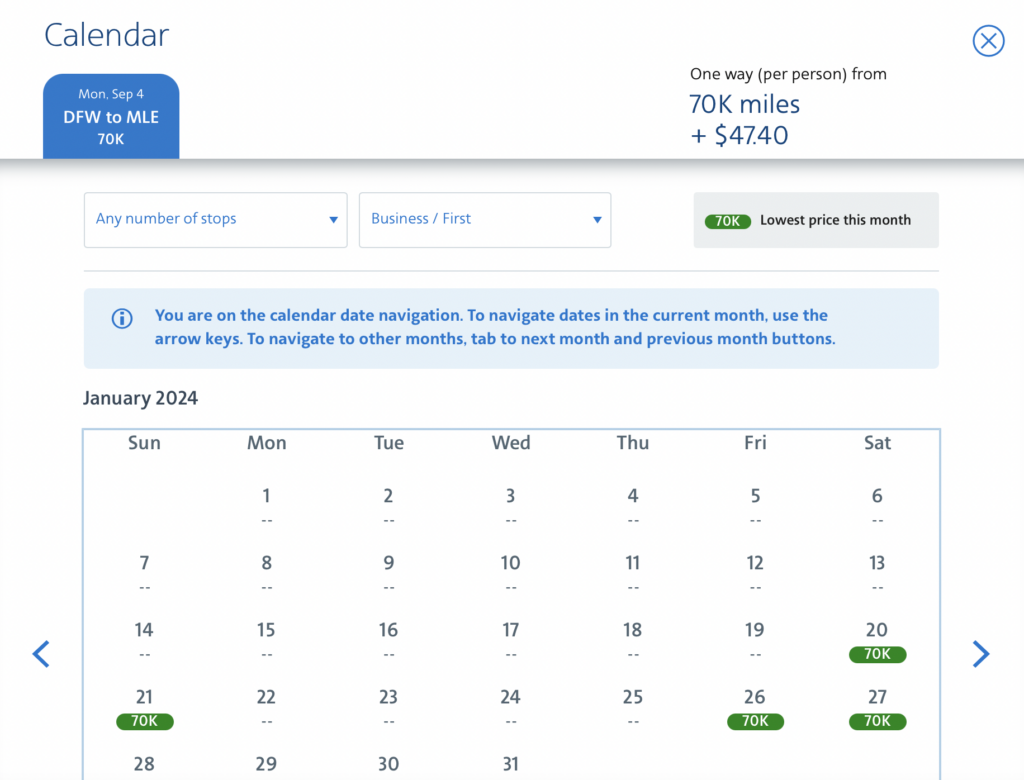 Screenshot of 30-day calendar for business class flights