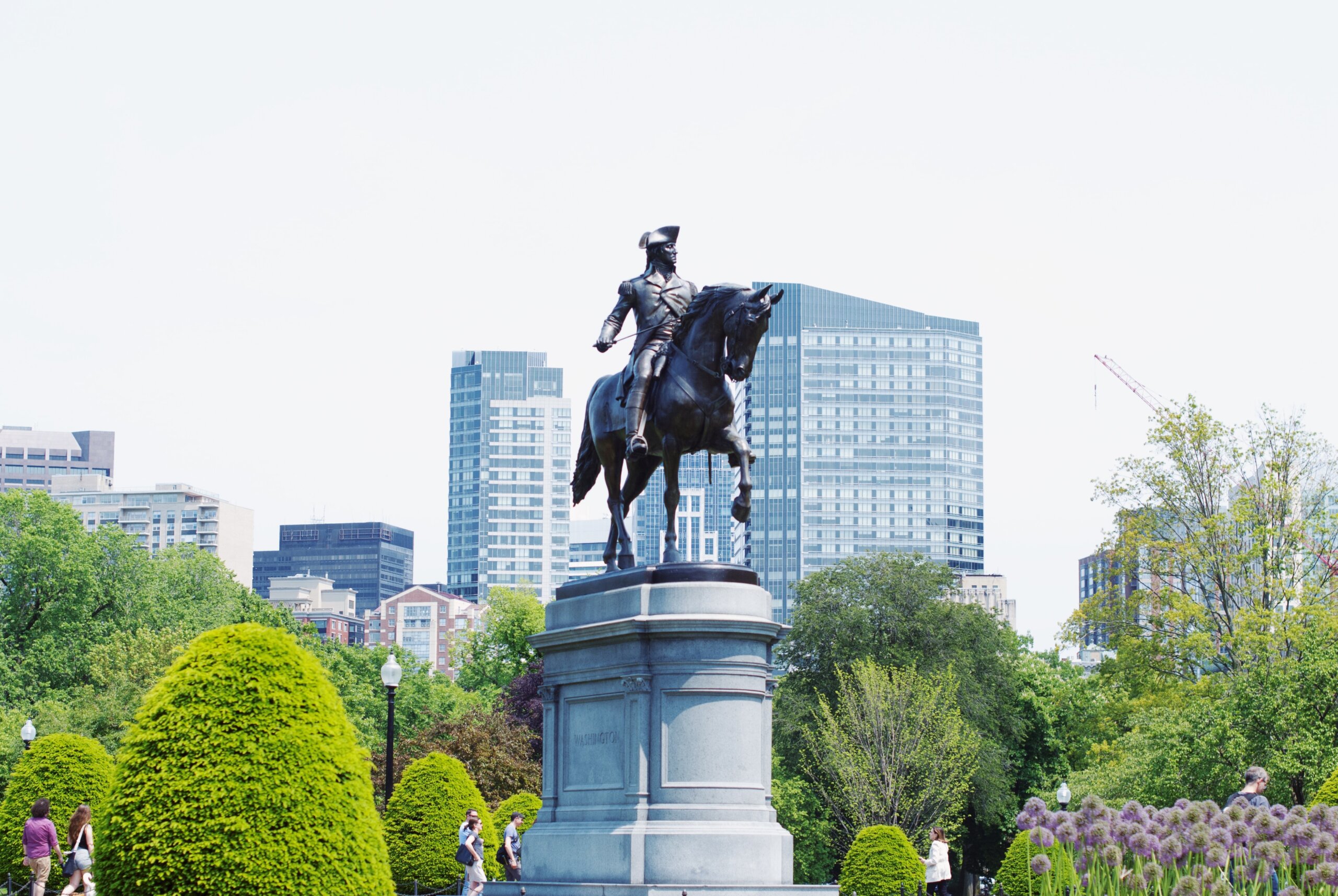 Statue of man on horse in city center