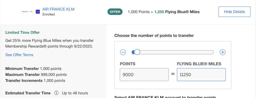 American Express Rewards transfer page screenshot